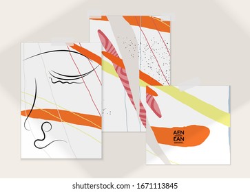 Abstract line continuous face. Portrait of a woman face on organic pastel textures with shapes and lines. Contemporary composition in modern cubism art style. Wall art mock up with shadow overlay.