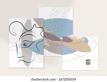 Abstract line continuous face. Portrait of a woman face on organic pastel textures with shapes and lines. Contemporary composition in modern cubism art style. Wall art mock up with shadow overlay.