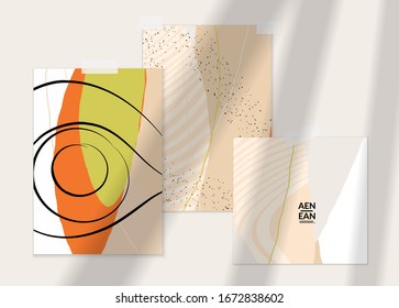 Abstract line continuous face. Portrait of a woman face on organic pastel textures with shapes and lines. Contemporary composition in modern cubism art style. Wall art mock up with shadow overlay.