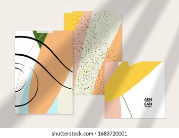 Abstract line continuous face. Portrait of a woman face on organic pastel textures with shapes and lines. Contemporary composition in modern cubism art style. Wall art mock up with shadow overlay.