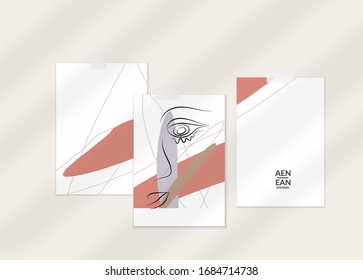 Abstract line continuous face. Portrait of a woman face on organic pastel textures with shapes and lines. Contemporary composition in modern cubism art style. Wall art mock up with shadow overlay.