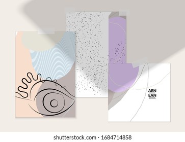 Abstract line continuous face. Portrait of a woman face on organic pastel textures with shapes and lines. Contemporary composition in modern cubism art style. Wall art mock up with shadow overlay.
