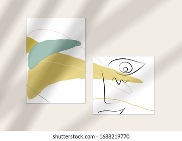 Abstract line continuous face. Portrait of a woman face on organic pastel textures with shapes and lines. Contemporary composition in modern cubism art style. Wall art mock up with shadow overlay.