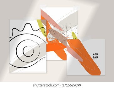 Abstract line continuous face. Portrait of a woman face on organic pastel textures with shapes and lines. Contemporary composition in modern cubism art style. Wall art mock up with shadow overlay.