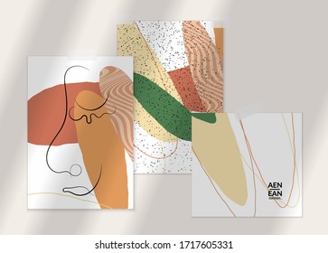 Abstract line continuous face. Portrait of a woman face on organic pastel textures with shapes and lines. Contemporary composition in modern cubism art style. Wall art mock up with shadow overlay.