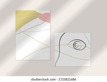 Abstract line continuous face. Portrait of a woman face on organic pastel textures with shapes and lines. Contemporary composition in modern cubism art style. Wall art mock up with shadow overlay.