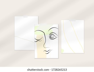 Abstract line continuous face. Portrait of a woman face on organic pastel textures with shapes and lines. Contemporary composition in modern cubism art style. Wall art mock up with shadow overlay.