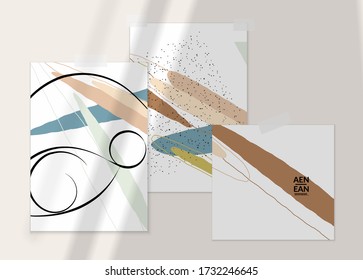 Abstract line continuous face. Portrait of a woman face on organic pastel textures with shapes and lines. Contemporary composition in modern cubism art style. Wall art mock up with shadow overlay.