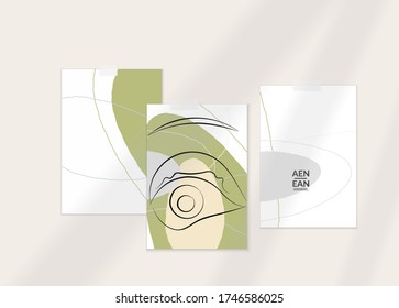 Abstract line continuous face. Portrait of a woman face on organic pastel textures with shapes and lines. Contemporary composition in modern cubism art style. Wall art mock up with shadow overlay.