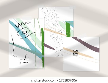 Abstract line continuous face. Portrait of a woman face on organic pastel textures with shapes and lines. Contemporary composition in modern cubism art style. Wall art mock up with shadow overlay.