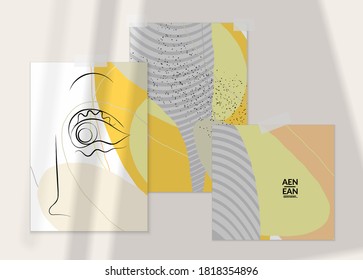 Abstract line continuous face. Portrait of a woman face on organic pastel textures with shapes and lines. Contemporary composition in modern cubism art style. Wall art mock up with shadow overlay.