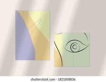 Abstract line continuous face. Portrait of a woman face on organic pastel textures with shapes and lines. Contemporary composition in modern cubism art style. Wall art mock up with shadow overlay.