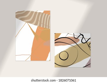 Abstract line continuous face. Portrait of a woman face on organic pastel textures with shapes and lines. Contemporary composition in modern cubism art style. Wall art mock up with shadow overlay.