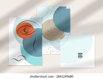 Abstract line continuous face. Portrait of a woman face on organic pastel textures with shapes and lines. Contemporary composition in modern cubism art style. Wall art mock up with shadow overlay.