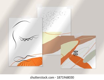 Abstract line continuous face. Portrait of a woman face on organic pastel textures with shapes and lines. Contemporary composition in modern cubism art style. Wall art mock up with shadow overlay.
