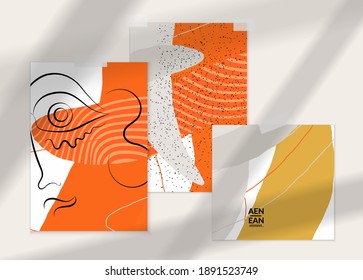 Abstract line continuous face. Portrait of a woman face on organic pastel textures with shapes and lines. Contemporary composition in modern cubism art style. Wall art mock up with shadow overlay.