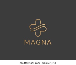 Abstract line cross logo design. Hands care medical vector logotype.