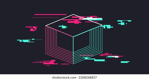 Línea abstracta del cubo de datos con efecto Glitch, Neon Pibk e Ilustración de concepto de color cian