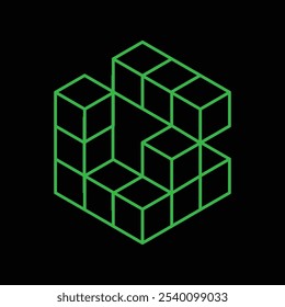 Un logotipo abstracto del diseño de la línea de cubos en forma hexagonal en color verde sobre un fondo negro