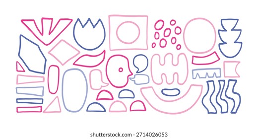 Línea Abstractas doodle Formas brillantes conjunto de colección. Trazo simple de forma libre, mancha asimétrica. Dibujado a mano figuras básicas de moda. Figura de forma de curva orgánica líquida. Burbuja Abstractas, ondulada de forma diferente.