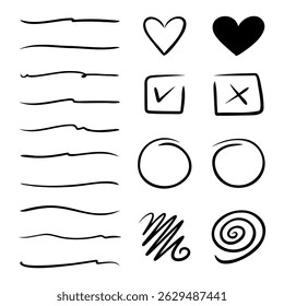 Abstract line doodles including hearts, underlines, and check marks on a plain background