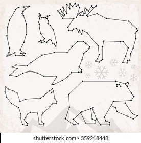 Abstract Line and Dot Arctic Animals Set Vector Illustrations