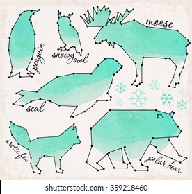 Abstract Line and Dot Arctic Animals Set Vector Illustrations