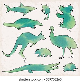 Abstract Line and Dot Australian Animals Set Vector Illustrations