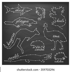 Abstract Line and Dot Australian Animals Set Vector Illustrations on Chalkboard