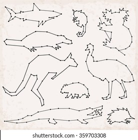 Abstract Line and Dot Australian Animals Set Vector Illustrations