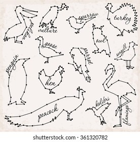 Abstract Line and Dot Birds Set Vector Illustrations