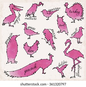 Abstract Line and Dot Birds Set Vector Illustrations