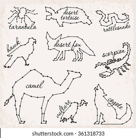 Abstract Line and Dot Desert Animals Set Vector Illustrations