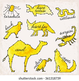 Abstract Line and Dot Desert Animals Set Vector Illustrations