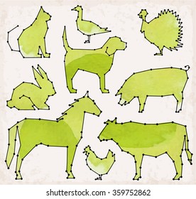 Abstract Line and Dot Farm Animals Set Vector Illustrations