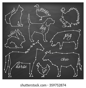 Abstract Line and Dot Farm Animals Set Vector Illustrations
