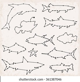 Abstract Line and Dot Fish Set Vector Illustrations