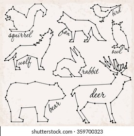 Abstract Line and Dot Forest Animals Set Vector Illustrations