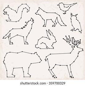 Abstract Line and Dot Forest Animals Set Vector Illustrations