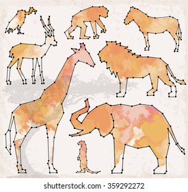 Abstract Line and Dot Savanna Animals Set Vector Illustrations