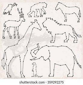 Abstract Line and Dot Savanna Animals Set Vector Illustrations