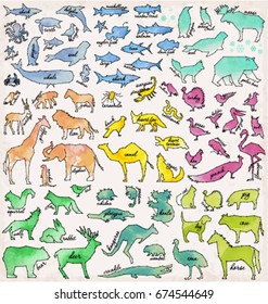 Abstract Line and Dot Savannah, Sea, Forest, Farm, Desert, Australian and Arctic Animals Set Vector Illustrations