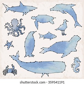 Abstract Line and Dot Sea Animals Set Vector Illustrations