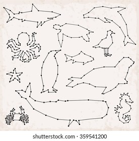 Abstract Line and Dot Sea Animals Set Vector Illustrations
