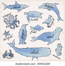 Abstract Line and Dot Sea Animals Set Vector Illustrations