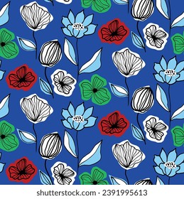 Abstract Line Drawing Anthurium Mix Flowers and Leaves Seamless Vector Pattern Isolated Background