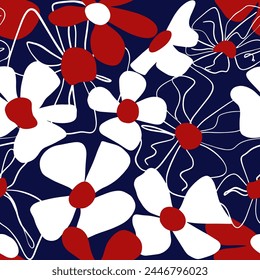 Abstract Line Drawing Beautiful Spring Summer Large Daisy Flowers Seamless Vector Pattern Isolated Background