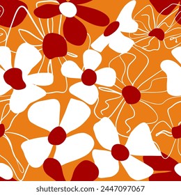 Línea Abstractas Dibujo Hermoso Primavera Verano Grande Daisy Flowers Patrón De Vector Sin Costura Fondo Aislado