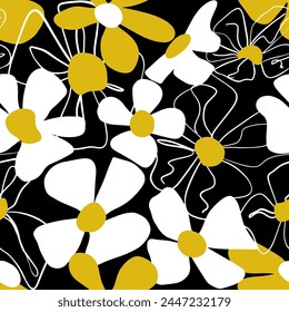 Línea Abstractas Dibujo Hermoso Primavera Verano Grande Daisy Flowers Patrón De Vector Sin Costura Fondo Aislado