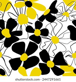 Abstract Line Drawing Beautiful Spring Summer Large Daisy Flowers Seamless Vector Pattern Isolated Background
